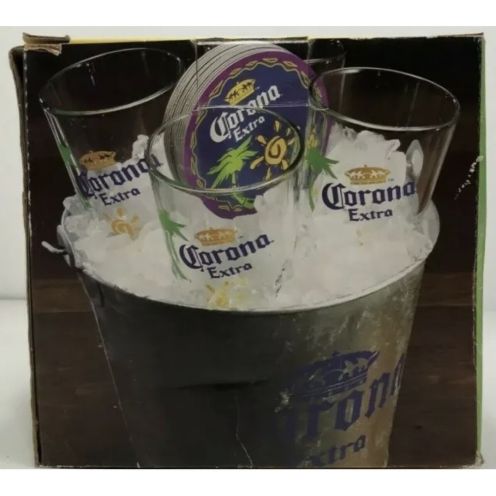 Corona‎ Extra 19 pc. Gift Set Ice Bucket (4) 8oz. Pub Glasses, (14) Coasters Bar